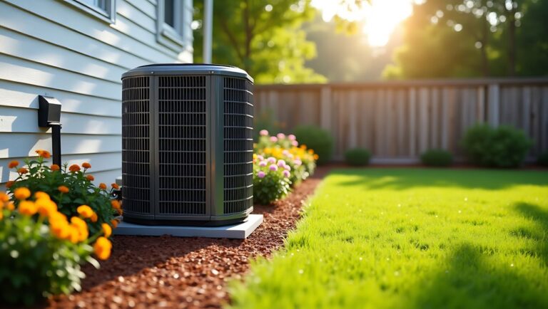 A modern air conditioning unit installed beside a house in a beautiful backyard setting